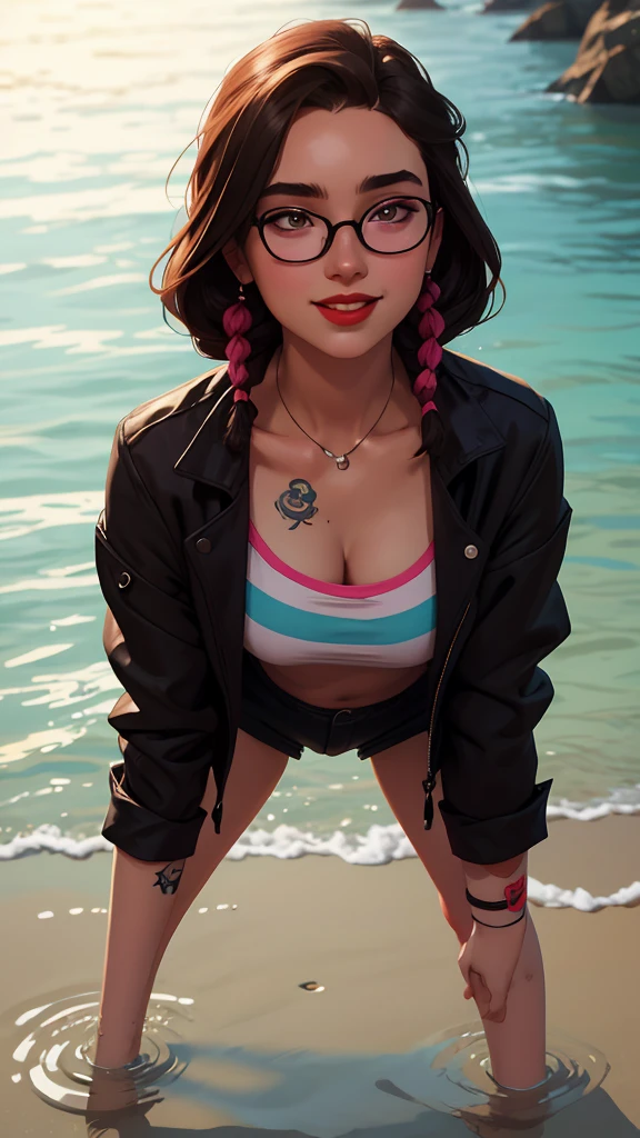 There is a lady wearing a leopard print blouse and blue shorts, non-style artwork by guweiz, realistic art style, high resolution committee, casual posture, realistic anime 3d style, style art, Extremely detailed artger, Realistic rendering of anime girl, [ digital art 4k ]!!, anime digital illustration, Detailed digital animation artwork