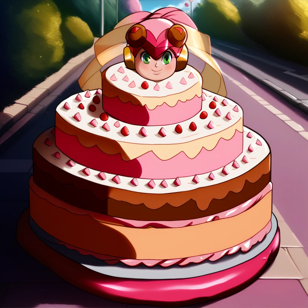 Living cake, score_9, score_8_up, score_7_up, roll.exe_(mega_man), helmet, pink bodysuit, green eyes, long hair, pink gloves, knee boots, pink boots, 1girl, solo, upper body, smile, closed mouth, looking at viewer, outdoors, street, fat, chubby, obese, gigantic arms and legs, blush,