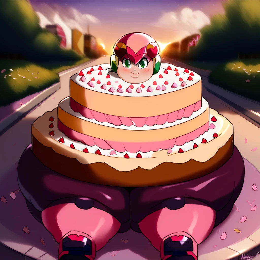 Living cake, score_9, score_8_up, score_7_up, roll.exe_(mega_man), helmet, pink bodysuit, green eyes, long hair, pink gloves, knee boots, pink boots, 1girl, solo, upper body, smile, closed mouth, looking at viewer, outdoors, street, fat, chubby, obese, gigantic arms and legs, blush,