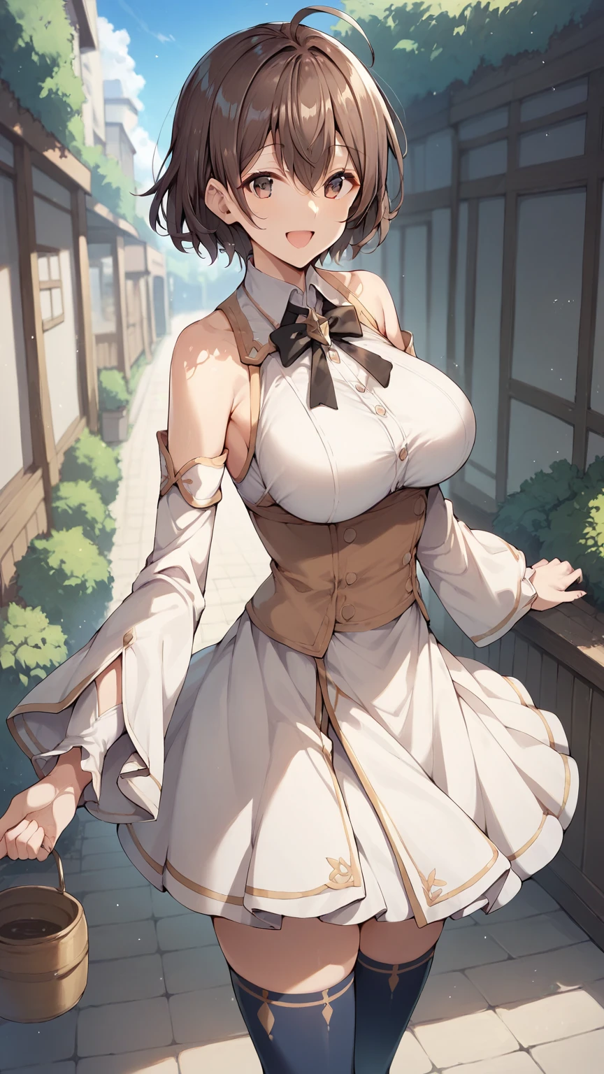 score_9, score_8_up, score_7_up, girl, solo, looking at viewer, masachika kuze, short hair, brown hair, hair between eyes, brown eyes, large breasts, white dress, detached sleeves, blue thighhighs, standing, outdoors, smile, open mouth