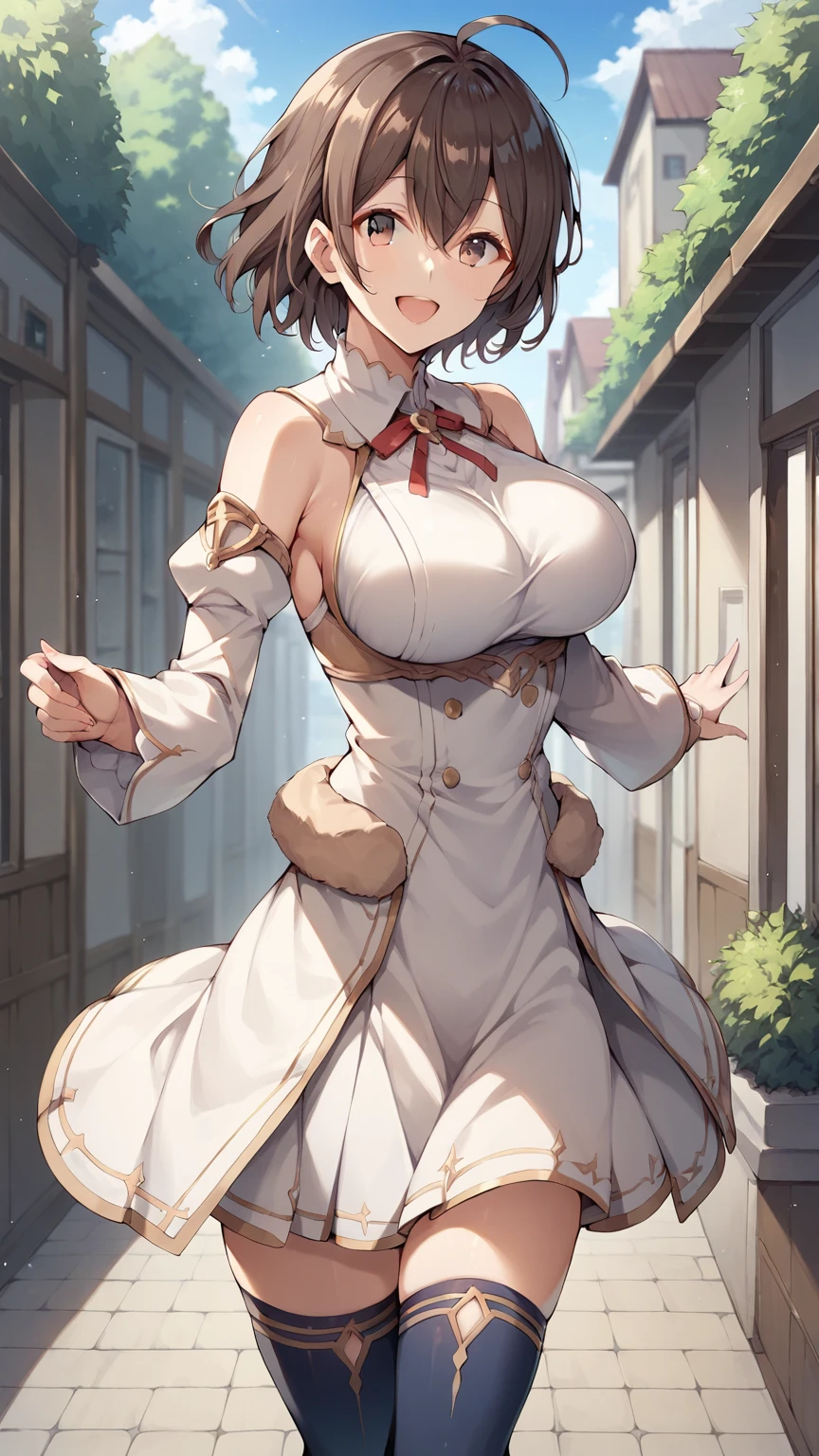 score_9, score_8_up, score_7_up, girl, solo, looking at viewer, masachika kuze, short hair, brown hair, hair between eyes, brown eyes, large breasts, white dress, detached sleeves, blue thighhighs, standing, outdoors, smile, open mouth