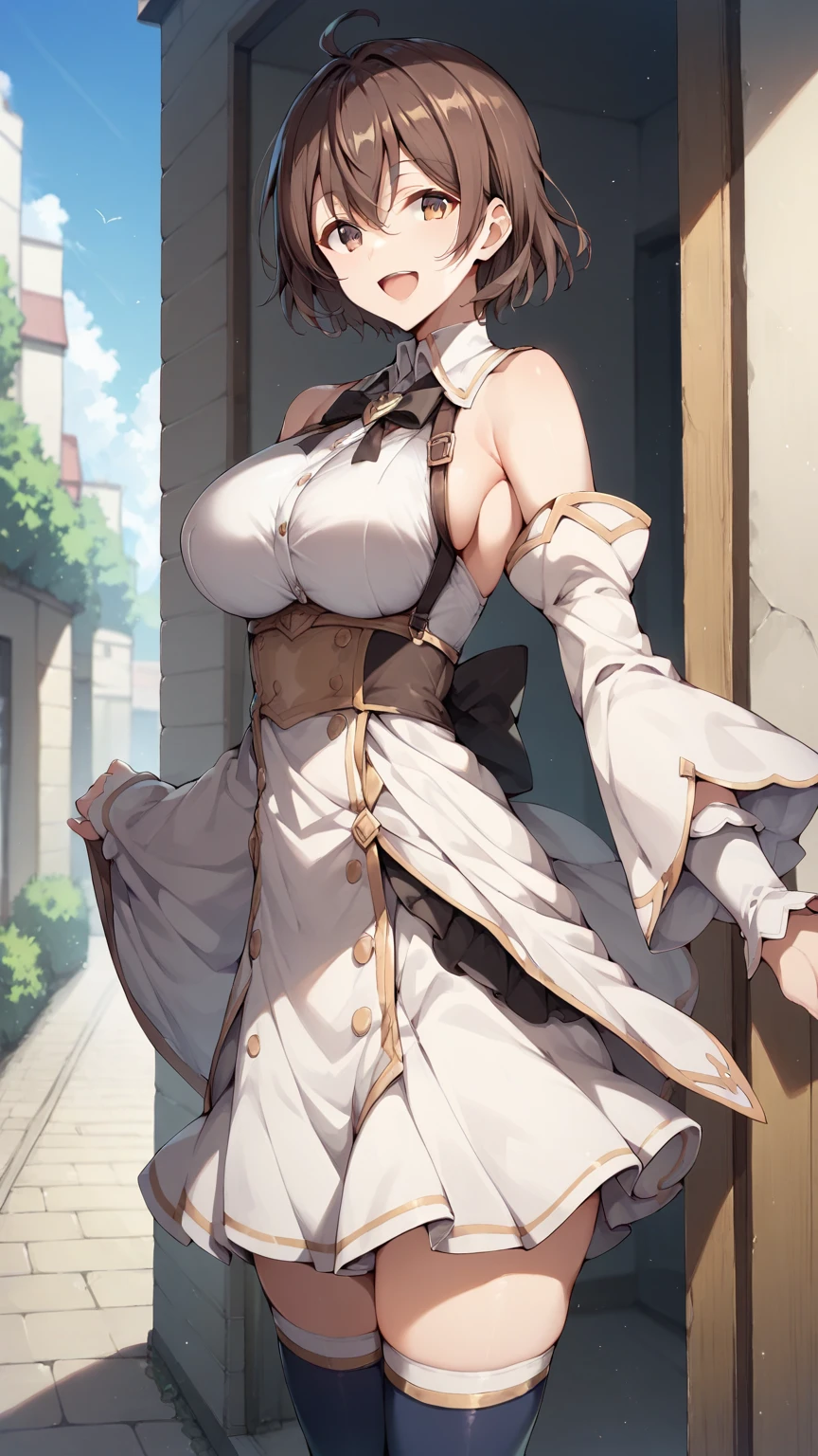 score_9, score_8_up, score_7_up, girl, solo, looking at viewer, masachika kuze, short hair, brown hair, hair between eyes, brown eyes, large breasts, white dress, detached sleeves, blue thighhighs, standing, outdoors, smile, open mouth