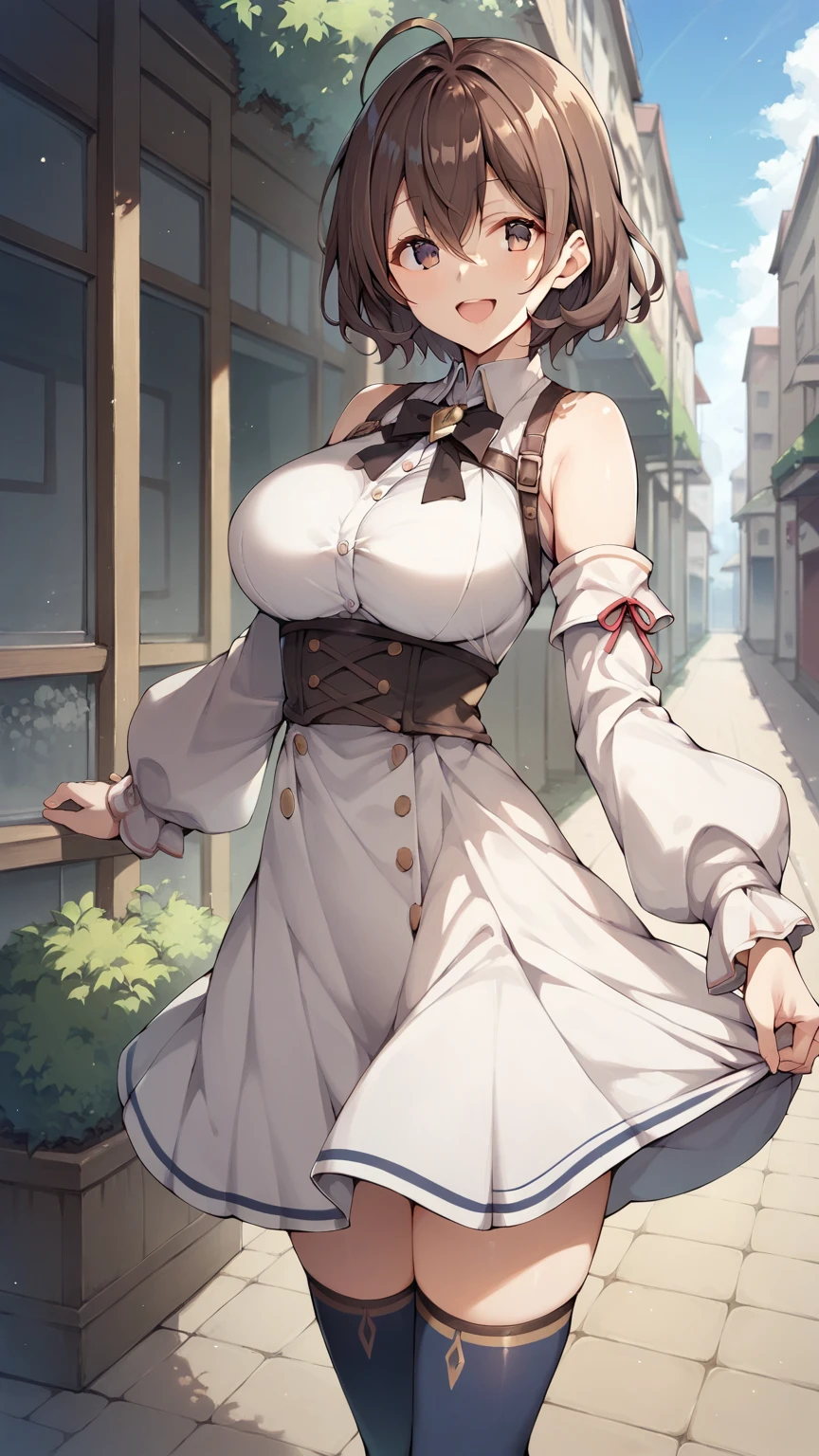 score_9, score_8_up, score_7_up, girl, solo, looking at viewer, masachika kuze, short hair, brown hair, hair between eyes, brown eyes, large breasts, white dress, detached sleeves, blue thighhighs, standing, outdoors, smile, open mouth