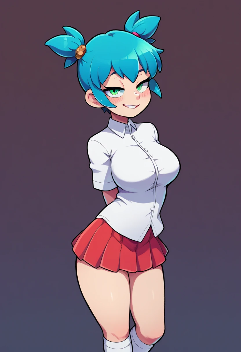 score_9, score_8_up, score_7_up, source_anime, best quality, clear face,shool skinny 1girl, bright blue hair, green eyes, medium hair, large breasts, perfect body, standing, looking at viewer,smug smile cute ,watered eyes, china d, w,blushing,embrassed, p,micro exposing red skirt,plain white shirt, cute,Short Twintails,white socks,dimple design,