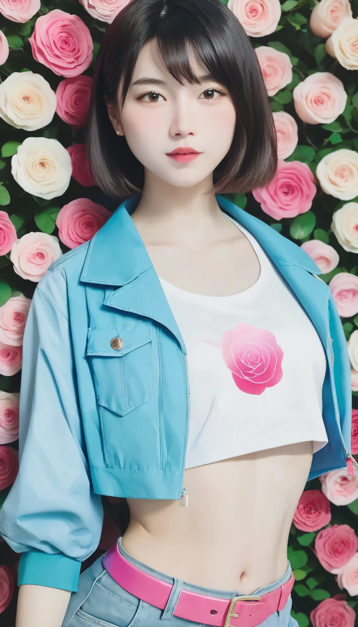 (masterpiece,  best quality )   Details, 1 character ,   Blue Archival Art Style   ,   check shirt   ****  blue jacket,  pink belt  , BLACKPINK-inspired outfits,  crop top, Amazingly Beautiful Woman  ,  short hair  ,  black hair,  brown eyes ,  no students who hold lightning  ,  pink lips ,  blue-white skin , ￼26 years old,  , Faded pastel colors ,  cell shade  , ((( beautiful rose garden in the background:1.7、Para background :1.5)))