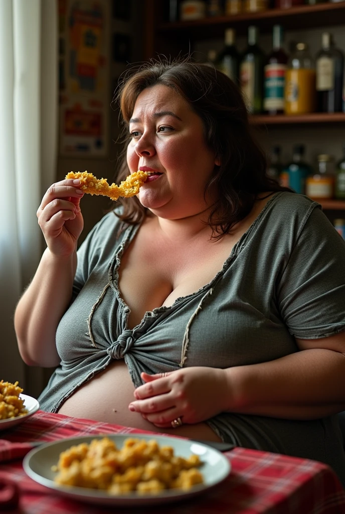 A plus size model woman is obese and overweight, weighing 150kg, with a lot of belly fat, she gained weight by eating too much, an obese plus size model with a very large belly, her belly is bulging and covered with a lot of fat, she has a saggy belly and a tattoo around her navel, she is eating buffet in a luxury hotel, 4K quality, low angle