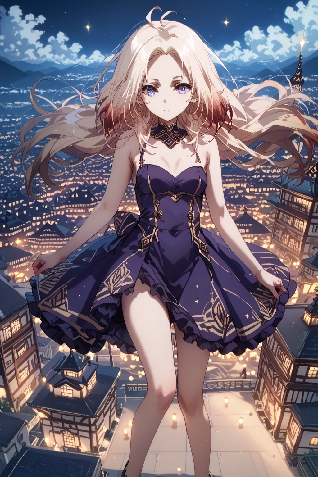 (Alpha,kagenojitsuryokushaninaritakute),(blondhair)One Girl,Pale skin,naked,Five fingers,Perfect hands,Masterpiece,she's wearing a gorgeous purple princess dress, night view on the roof of a building, lights,