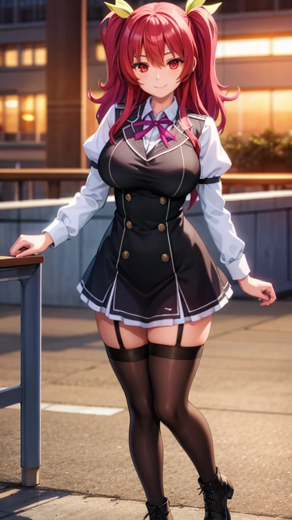 stella vermillion,school uniform,garter straps, black thighhighs with holes, cross-laced footwear, (ulzzang-6500-v1.1:0.4), (pureerosface_v1:0.9), realistic, ,big smile,masterpiece, best quality, highly detailed, in sunset,looking at viewer,large breasts,cosplayer,red eyes,