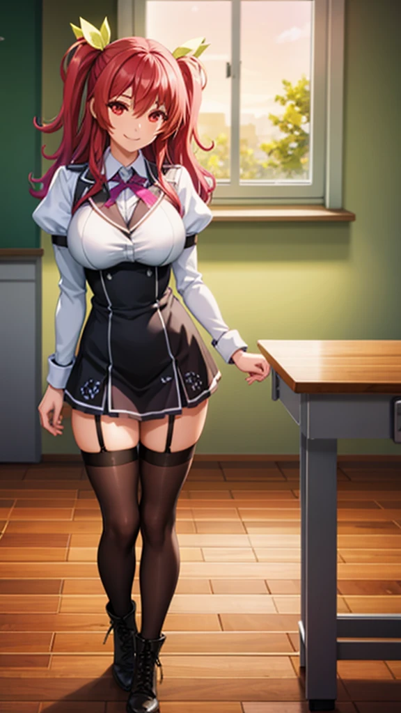 stella vermillion,school uniform,garter straps, black thighhighs with holes, cross-laced footwear, (ulzzang-6500-v1.1:0.4), (pureerosface_v1:0.9), realistic, ,big smile,masterpiece, best quality, highly detailed, in sunset,looking at viewer,large breasts,cosplayer,red eyes,