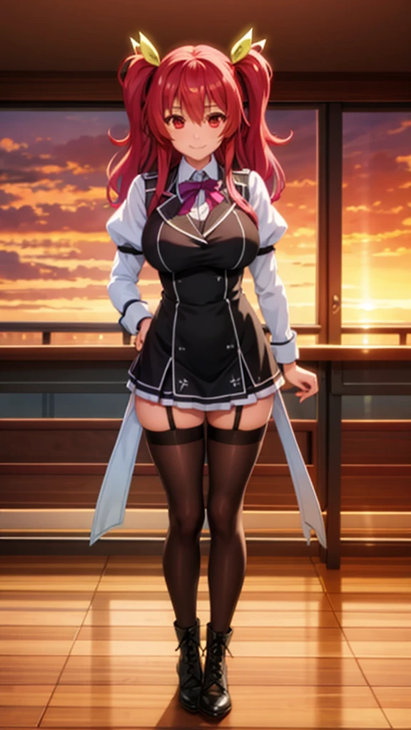 stella vermillion,school uniform,garter straps, black thighhighs with holes, cross-laced footwear, (ulzzang-6500-v1.1:0.4), (pureerosface_v1:0.9), realistic, ,big smile,masterpiece, best quality, highly detailed, in sunset,looking at viewer,large breasts,cosplayer,red eyes,