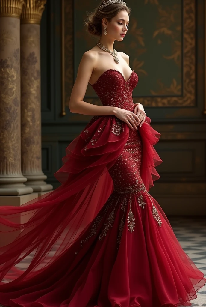 photo of 30 year old beautiful woman wearing red evening dress and jewelry standing in night club, messy long hair, slim body, medium upper body shot, looking at the camera, shallow depth of field, 8k uhd, dslr, sharp focus, soft lighting, two tone lighting, high quality, photorealistic, realism, hyperrealism, masterpiece, art photography