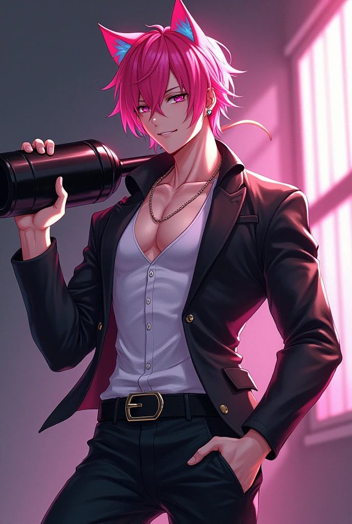 (photorealistic:1.4), (masterpiece, sidelighting, finely detailed beautiful eyes: 1.2), masterpiece*portrait, realistic, slim, pink hair, black turtleneck sweater with a high neck and tight fit, and long pants with military boots, tattoos on face and hands, slim with sharp eyes, bright eyes, smile, sharp fangs, and a malicious smile in the style of anime, man,night city background, neon lights, in an alley, male, solo,
