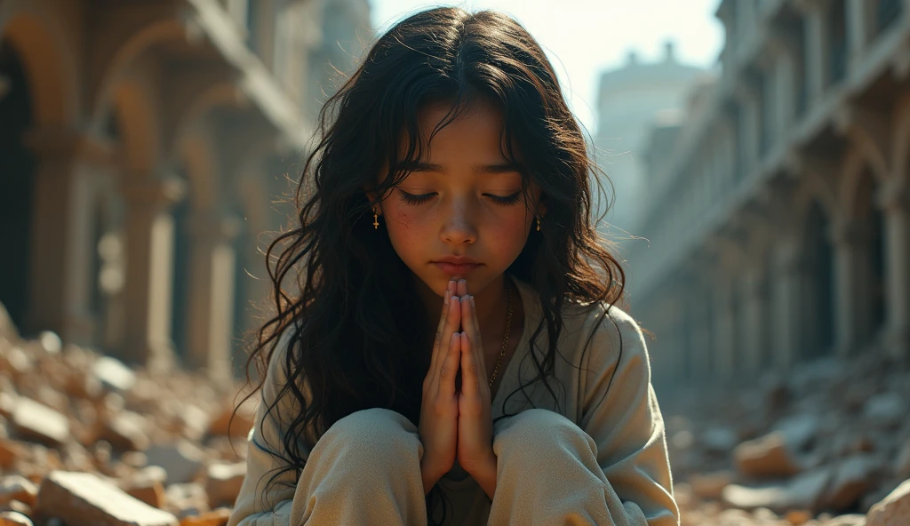 A girl looking at the sky kneeling praying in an illuminated landscape