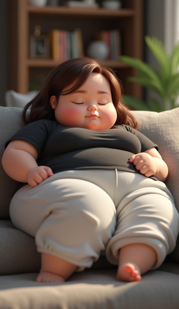 A butiful chubby lady sleeping with yellow tshirt and blue nikker 