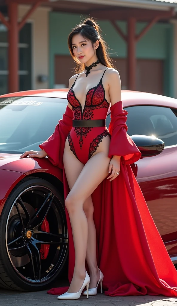 1 woman, glamorous photo of photorealism dark wavy shiny hair, brown eyes, sexy lips with lipstick, full breasts, Thin waist, long slender legs, Leaning on the hood of a luxury sport car, stunning beauty, professional, detailed, HD, (skin texture:1.1), best quality, ultra high res, (photorealistic: 1.4), Raw photo