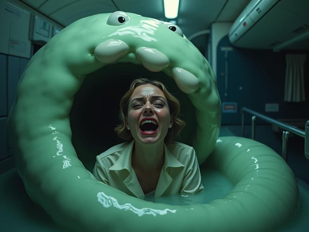 Kate Mara, age 25, dressed in a bath towel, is fleeing from her bathroom which is filling with translucent slime, movie monster Freddy Kreuger