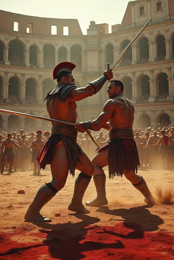 (best quality, cinematic, dramatic, gladiators fighting to the death), intense battle, blood splattered, epic scenery, slow motion, intense close-ups, powerful emotions, fear and determination, roaring crowd, dramatic lighting, grand spectacle, tense atmosphere, adrenaline-pumping action, weapons clashing, dust and debris flying, warriors covered in sweat and dirt, muscular and imposing figures, fierce expressions, high stakes, ancient Rome, colosseum, life or death struggle, triumph or tragedy, exhilarating moments, raw power, historical drama, captivating story, visceral experience, nail-biting suspense.