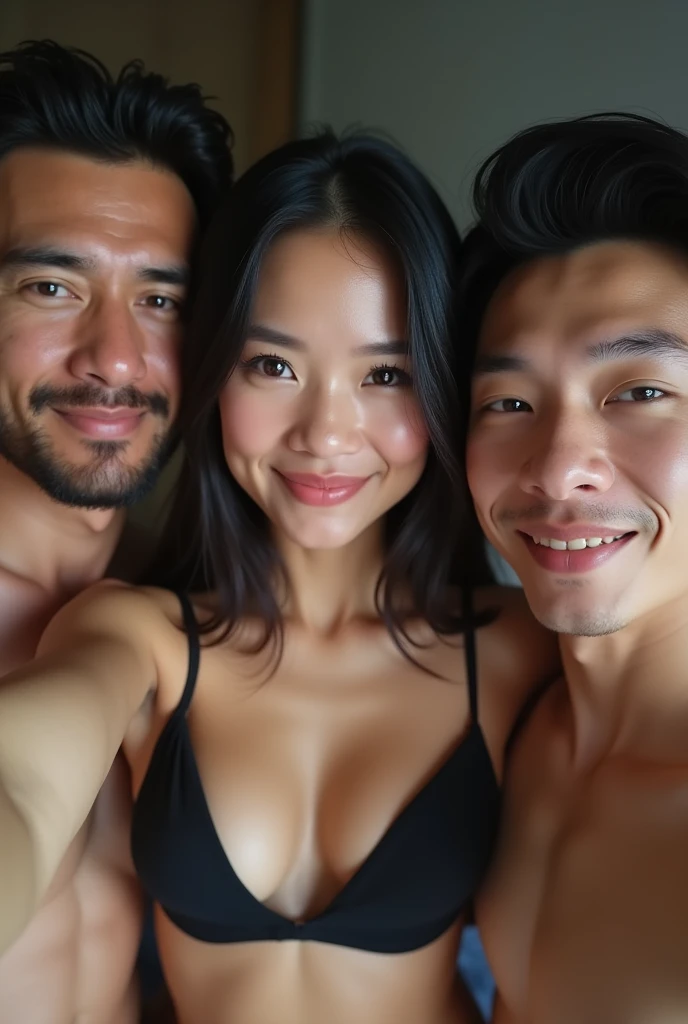 A realistic photo of three Thai siblings. (2 men, 1 woman) A sexy black-haired young woman in a black bra is taking a selfie and is clearly visible with her husband and lover., The three of them were excited about the situation and enjoyed the teasing., Hugs, kisses, and passionate kisses. She looked so excited and her boobs were showing..,