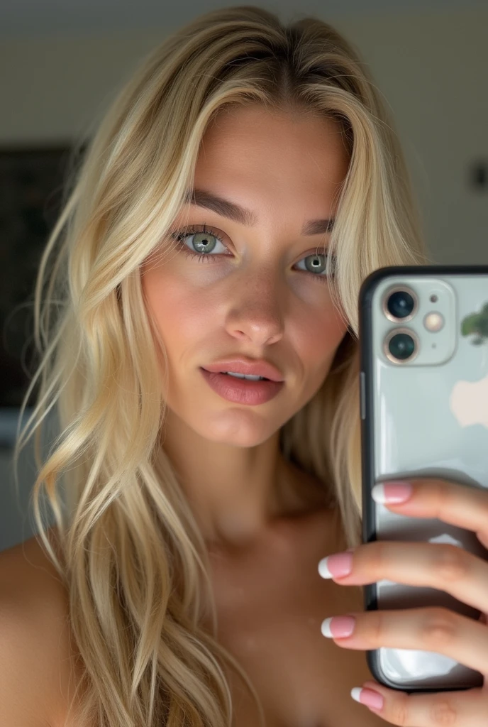 Super realistic, highly detailed, sexy, blonde hair Ukrainian girl, medium breasts, blue eyes, 19 years old, iPhone 14 Pro Max camera, lying on her back on a luxurious bed in a bedroom of a villa in Bali with a view of the pool at dusk, taking a photo of herself in a mirror, wearing a sexy bikini, soft lighting, luxurious bedding, photorealistic, raw, textured skin, skin pores, intricate details, epiCRealism