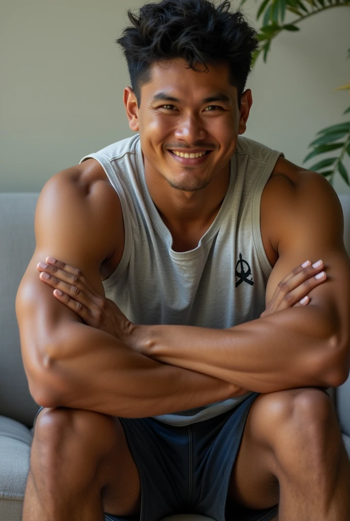 A young smiling Thai muscular naked man lying on the bed , spreading his legs widely opened , big bugle, wearing nothing, naked body , nude 