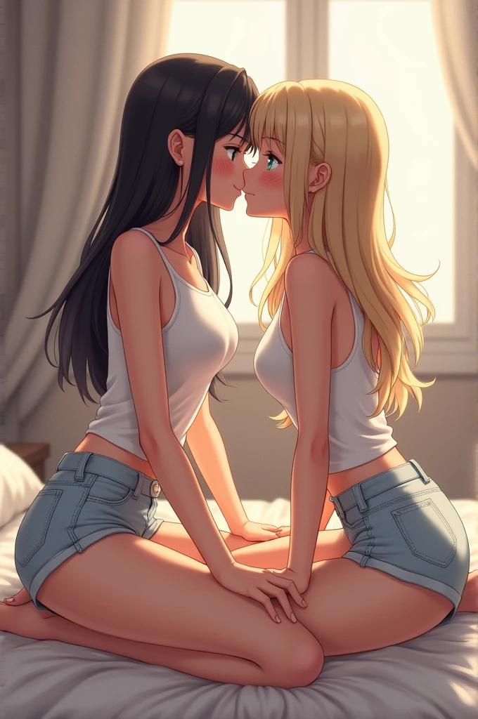 (anime drawing)One GL women (lesbians) kiss each other passionately. (Beautiful, sexy, hot) They kiss in their beautiful, harmonious embrace