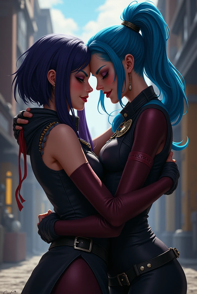 create me a picture of jinx and caitlyn from arcane where they both hug or kiss. it would be best if these characters were perfectly recreated like in the movie