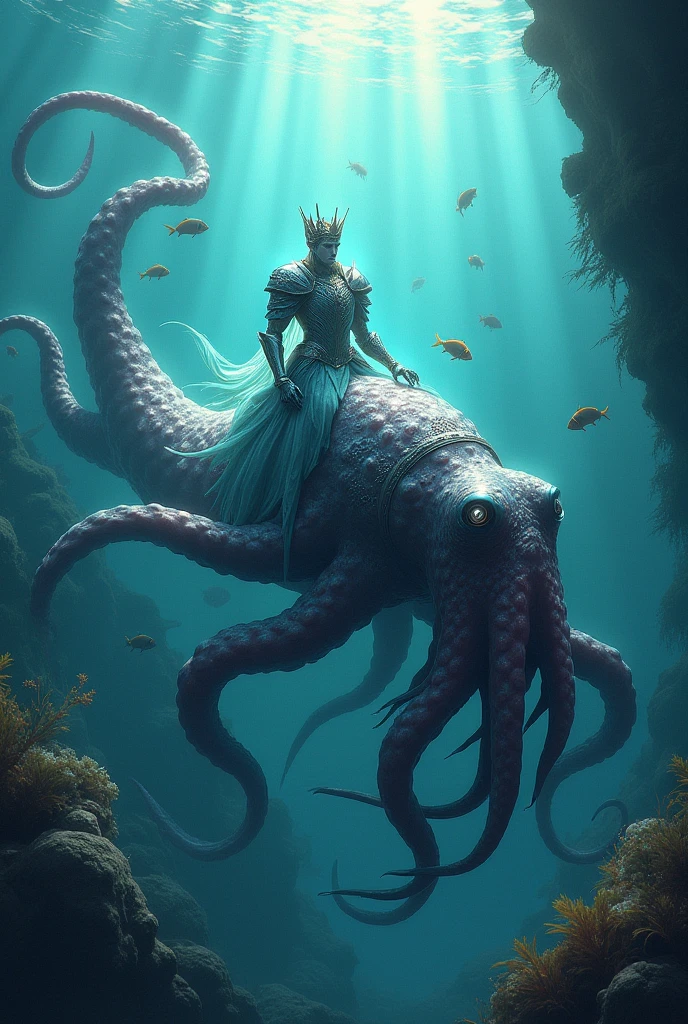 (extremely detaild, Masterpiece artwork, the best quality, under the ocean), estilo dark, volumetric lighting. medieval armor, rosto com rugas, long tongue, tentacle, misshaped, Underwater image seen from the outside, Menacing octopus beak. paint flecks. Rococo composition. Luz de Caravaggio