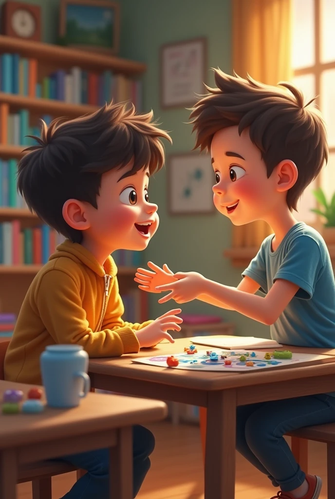 Two boys sitting at a desk, surrounded by textbooks. One boy explains a math problem, and the other boy’s face lights up in understanding. They high-five and laugh together, feeling accomplished.
