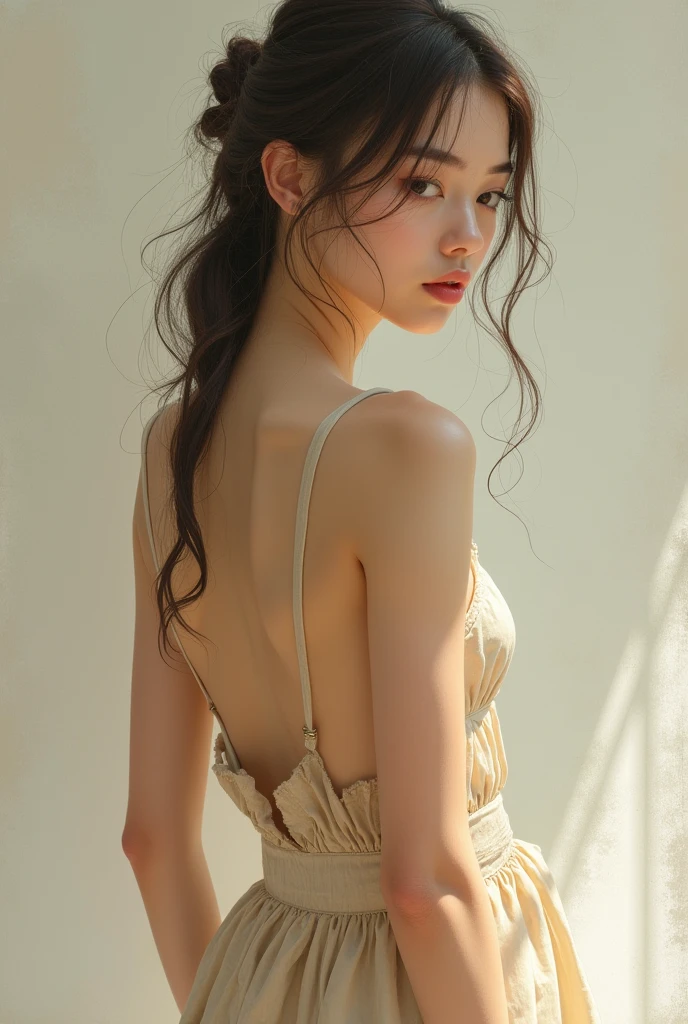 Ultra High Resolution, (Realistic, Photorealistic: 1.1), Full Body, From Right Behind, (aegyo SAL:1), Naked, Professional Lighting, Detailed Lighting, Photon Mapping, Radiosity, Physically Based Rendering, Backlighting, Depth of Field, Hard Focus, Film Grain, Professional Photography, Shot with Sony a9 II mirrorless camera, Fine Eyes, Detailed Shadows, Detailed lighting, (detailed hair, realistic hair, realistic lighting, lifelike shadows, realistic clothes), realistic skin, realistic reflection of light from above, (back arms), (back hands), small chest: 1.2