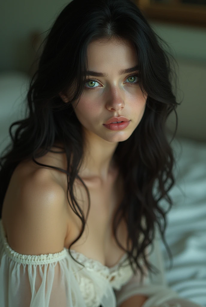 A girl with 1.62 meters, with long, black curly hair that reaches her buttocks, the story is over, fair skin as white as snow, her pear-shaped body (Hourglass), perfect nose, perfect eyebrows and eyelashes, Tender doe-shaped eyes with green iris, full lips, white teeth and cheeks in a pale pinkish tone