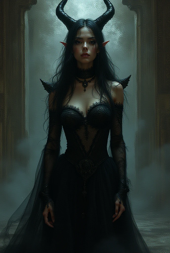 sensual demon, fury, 1 female demon, detailed facial features, piercing eyes, sharp fangs, horns, dark skin, black hair, flowing dress, clawed hands, dark smoky background, dramatic lighting, cinematic composition, dark fantasy, dramatic colors, moody atmosphere, photorealistic, 8k, highest quality, masterpiece