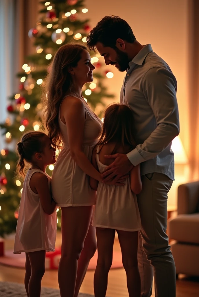 HEIC photo of a mother and father with their beautiful  younger  fat daughters,  posing in the living room in front of a Christmas tree .  Father touches daughters' butts .  Daughters in tight transparent sleepwear dress.