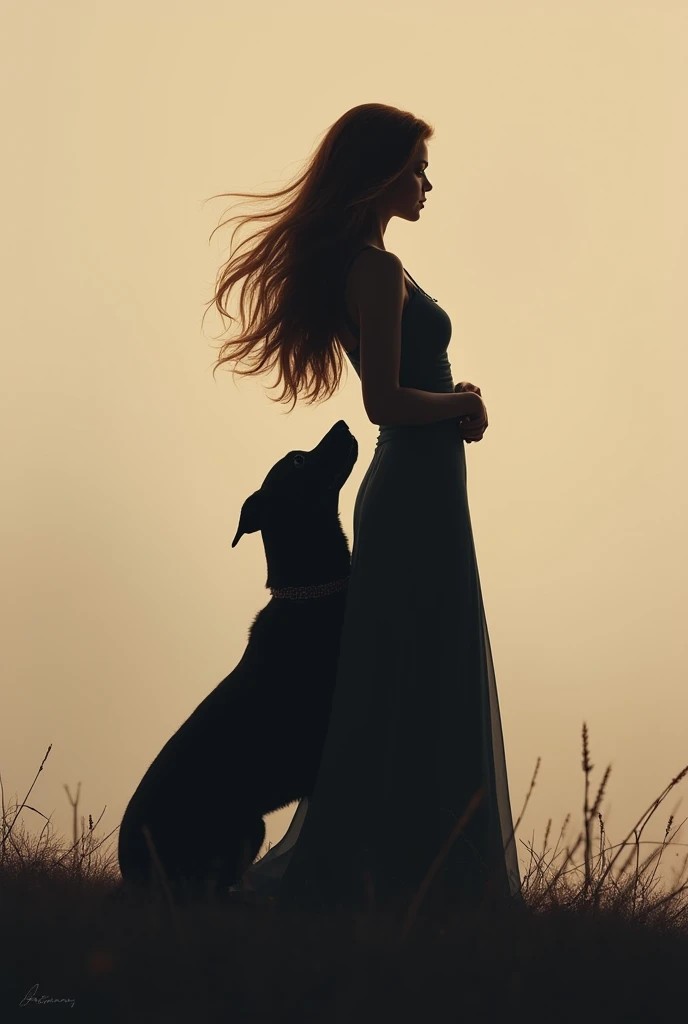 Silhouette of a woman with long brown hair clutching a dog's silhouette
