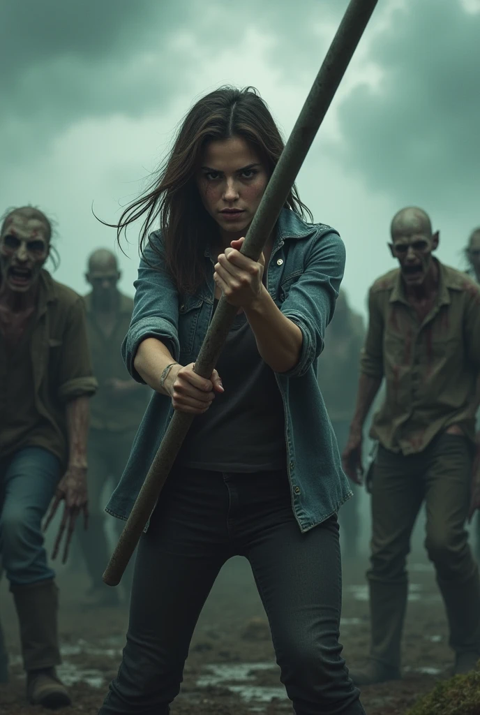 cinematic lighting, shallow depth of field, hazy mood, intense gritty, a woman wearing worn leather jacket, dark t shirt, denim pants, holding a barbed wire baseball bat, lowering her body in defensive stance, she is surrounded by five zombies inside a forest.