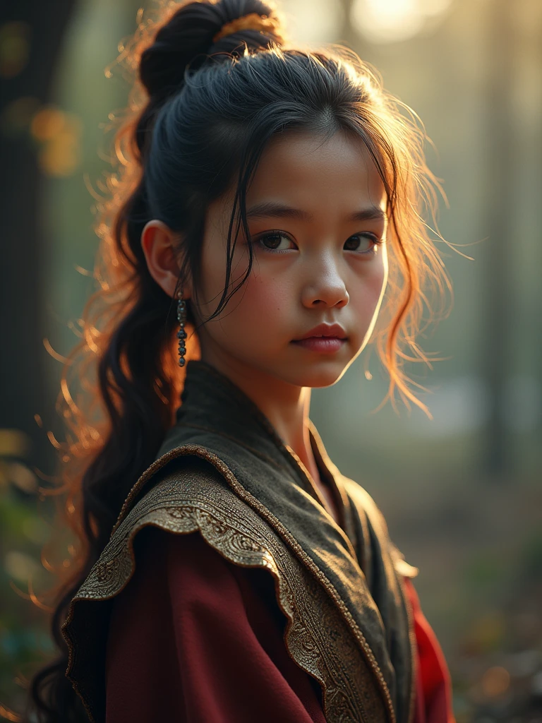 Mei Lan Young, a  girl, is the daughter of the immortal warrior Chase Young and an ancient dragon spirit. Born through a forbidden ritual, she was raised in the Palace of Shadows. Mei Lan died in her mother’s ???? before birth, leaving her father in sorrow. Unwilling to accept her death, he used dark magic and dragon rituals to bring her back to life.

Half-human, half-dragon, her long black hair is tied in a braid with red silk. One eye glows gold or red when angered, and her skin is flawless like her father's. She wears a dark silk robe with golden dragon patterns, long flowing sleeves, a leather belt with symbols, and flexible boots. Sometimes she wears a shadow mask during tasks.
