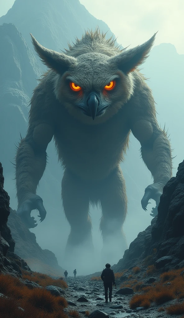 In the shadow of the towering mountains, a colossal creature looms ...