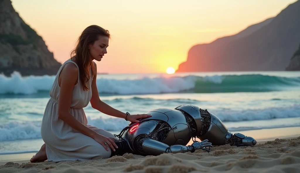 (Masterpiece.UHD.photorealistic. Analog photography) in the blurry background, an infinite pool in a Mediterranean scenery and a 1930 clunky, rusty evil war robot.An ultra hot gorgeous European woman.age 23. Voluptuous hourglass body. Gorgeous face. stands poised at the edge of an infinity pool. Her long, golden hair is elegantly styled and reflects the bright sunlight, adding a warm glow to her appearance. ((deep purple blindfold on two eyes)) capturing and reflecting the bright light, exuding serenity. She is dressed in a stylish crochet micro bikini with delicate lace details on the top,she’s fully bathed in sunlight, creating a strong, direct illumination that highlights her slender figure and the texture of her skin. The sheer fabric attached to her bikini bottom catches the sunlight, adding an ethereal quality to the scene. The pool's reflection enhances the overall brightness, creating a balanced and harmonious composition. Sensual pose.
