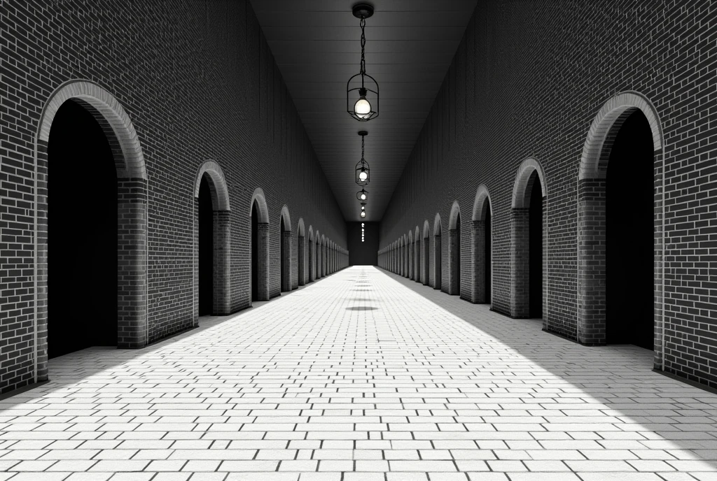 Photorealistic,Infinite square hallway ，Infinite Corridors ， Unlimited Threshold Space， black and white square tiled hallways ，Infinitely spaced room doors ， infinitely spaced modern ceiling lights， soft lighting ， Surrealism 