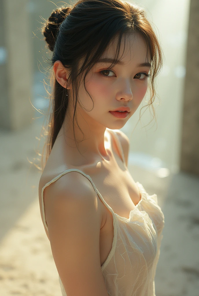 (From the side), Small breasts, Side bust, (flin chest), (Drooling), (Wet), (Expressionless), (tears), Looking_in_Audience, 10 years old fashion trendy beautiful beautiful beautiful girl, gentle and intractive Chinese beautiful girl, 10 years old, delicine and sexy collarbone, Attractive oval face, double eyelid, Clever pink eyes, Pink Lips, Small Nose, Exposing shoulders, Focus on the face, Chest close-up, Ultra-high resolution, Super Detail, 新鮮in印象的
