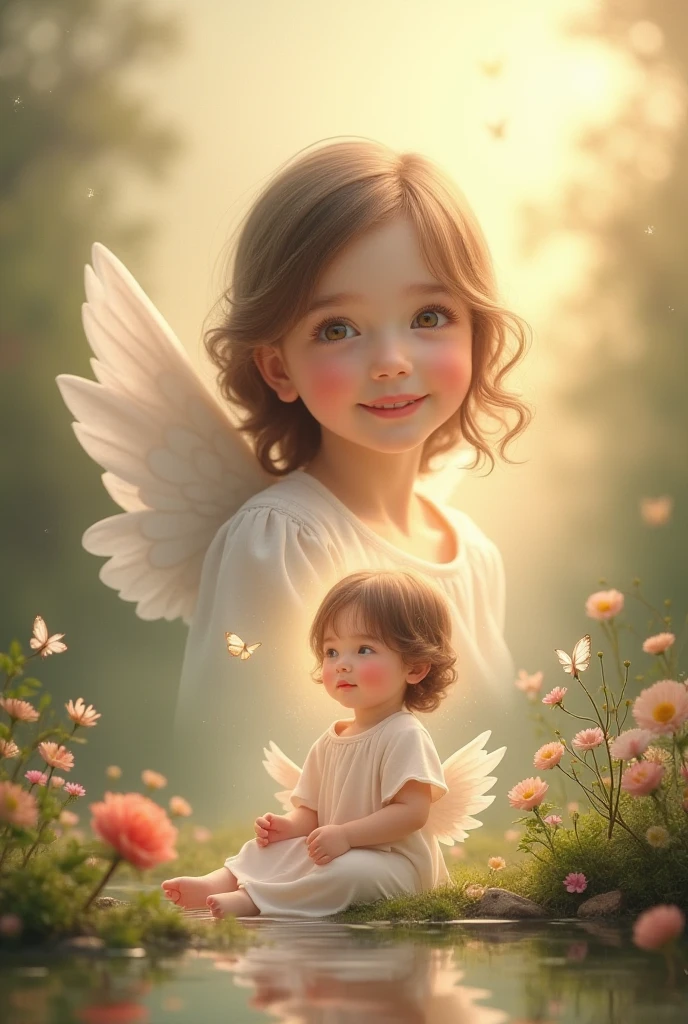Brunette mother throwing up in the air, his dark blonde hair waved child.With angel wings
Make a great nose, really big one.In the mother
Make the mother's nose even bigger
Do not change at all the image, but the mother's nose do it smaller
Put 5 fingers in the mother's hand make greater distance. Between the mother, the child also make his nose small regular