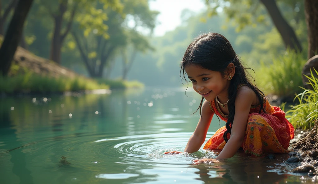 6--old l playing innocently in the river、Sheer shirt、Sheer pants、a smile