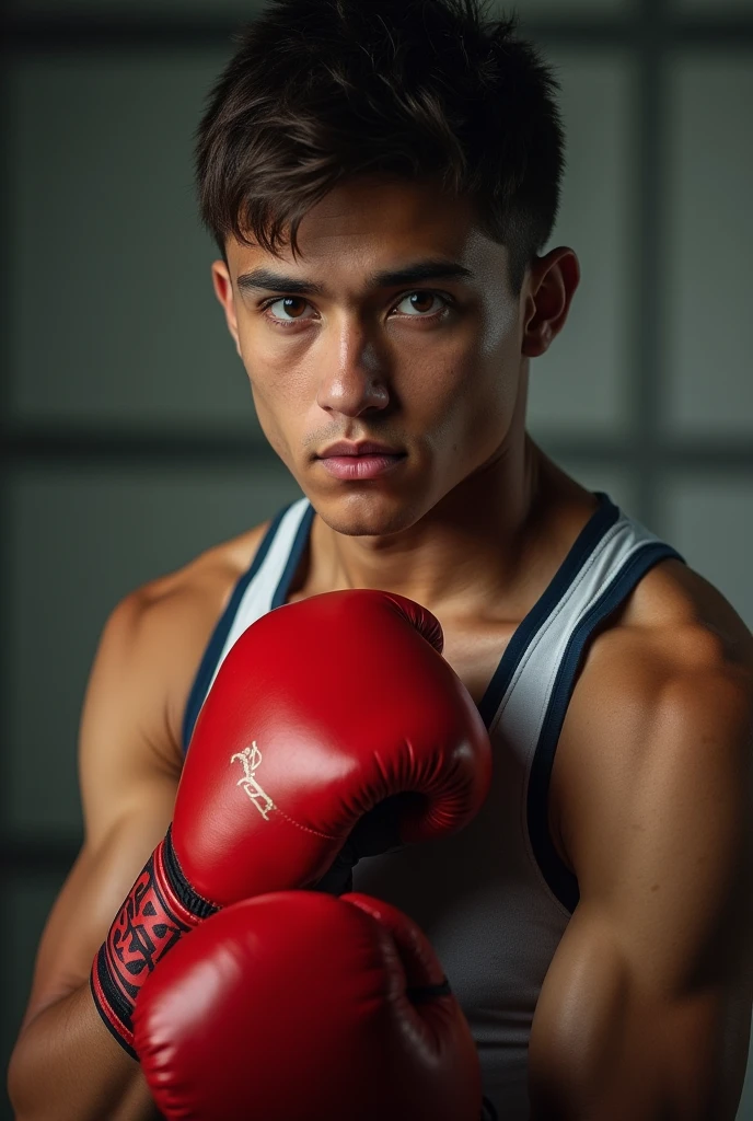 A junior high school boxer with ripped abs, striking a fighting pose in the ring, facing this way.