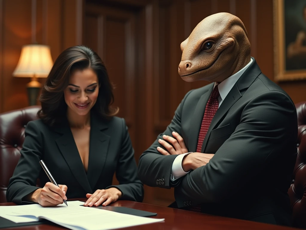 Lizards in office suits fighting with knives