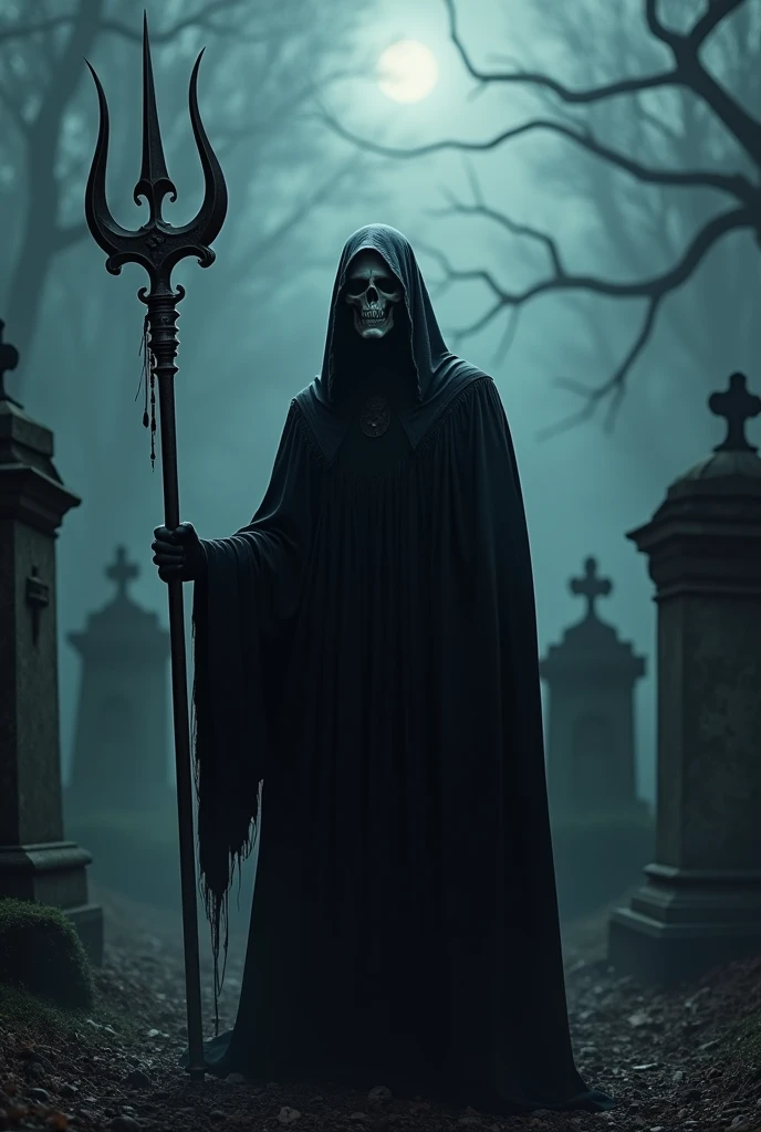 Man with skull face , dressed in black with a trident in his left hand , at the cemetery gate