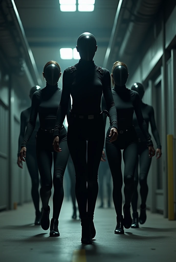 In a dimly lit room, wispy shadows cast like fingers of darkness across walls, a woman lies unconscious in a vibrant no-neck green catsuit, sans shoes, her body a splash of color amidst the gloom. Four crimson-clad women, faces obscured by shadows, stand vigilantly around her, bare feet sinking into the cold floor. The room's faint light seeps through shadows, casting an eerie glow on the scene.