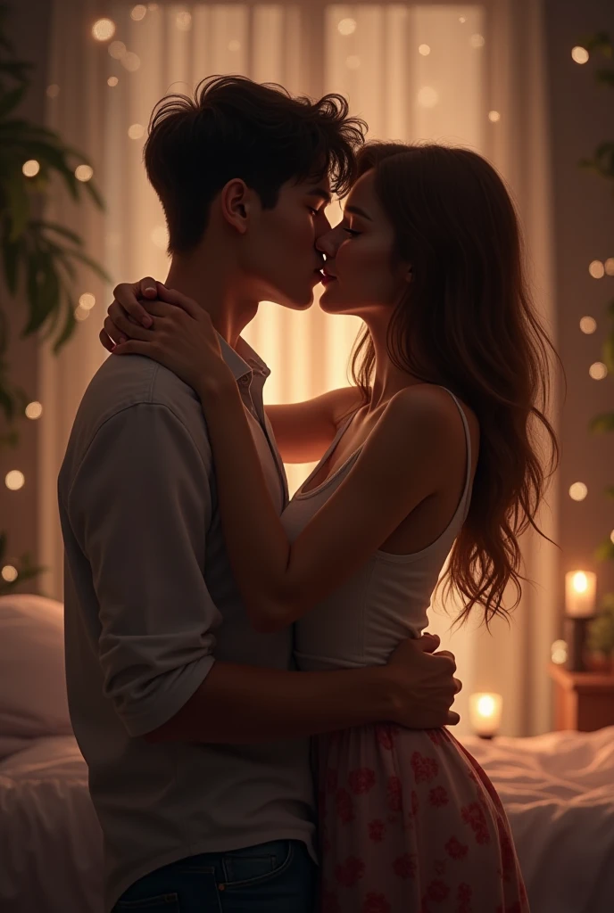 Boy and woman, beautiful woman, kissing each other with passion, in a bedroom, bright room, candles lit, night time,