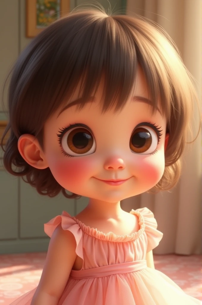 Brown eyed baby, dark baby hair, skin fair, wearing a pink dress with butterfly details, Pixar-style, one year old