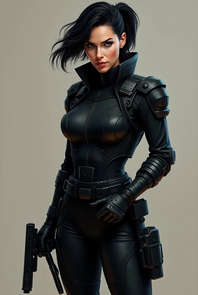a slender, futuristic female character in a revealing, black outfit with high-tech gear. She holds a gun, exuding confidence and strength. The name "æon flux" is prominently displayed beside her., photo realistic, 8k, vibrant color