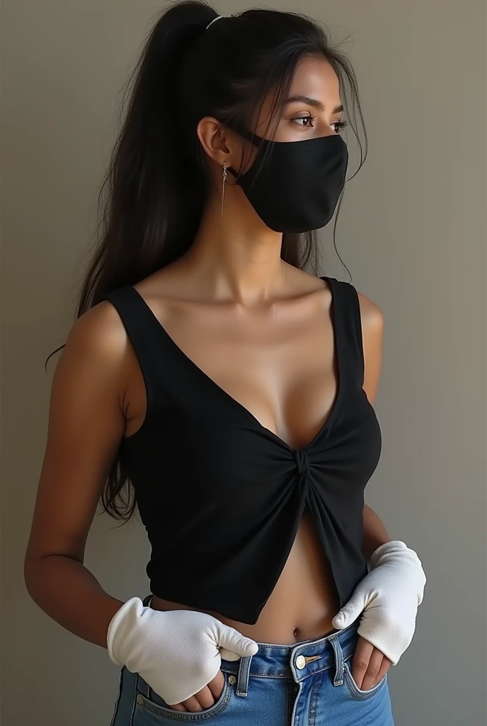((Best Quality, 8k, masterpiece :1.3)), whole body, sharp focus :1.2, A pretty woman with a perfect figure. :1.4, slim abs :1.2, ((Dark brown hair, big breasts, brown skin, with a black dress with a black mouth mask :1.2)), (Living room :1.1), Very detailed face and skin texture., detailed eyes,