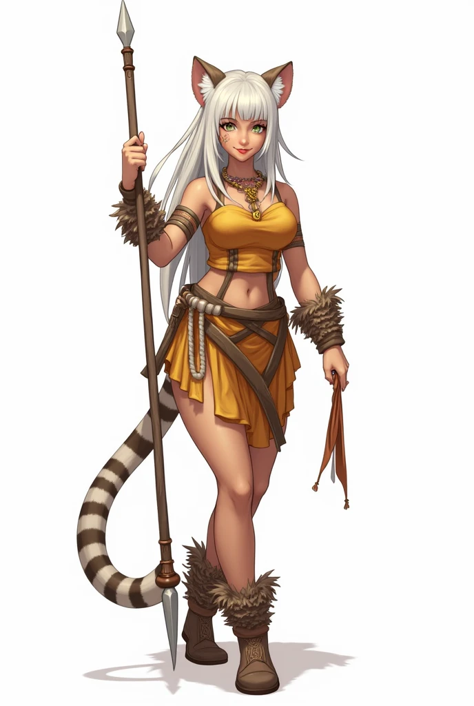 (Masterpiece, best quality), detailed, ((character art, full of details, Anime Babe, Wallpaper, Game Illustration, Animagine XL Babe, Fan Art, Animated)), (AFK_Arena, Antandra, cheetah girl)), (1woman, female), ((simple tribal african folk clothes, rough desert tribal clothes)), (dark tanned skin, cheetal ears and tail) , (detailed eyes), detailed face, ((happy face expressions smiling)), athletic physical form, ((white blonde color long hair)), ((holding spear, holding weapon)), (simple background, white background: 1.3)
